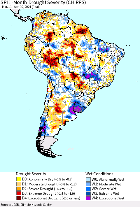 South America SPI 1-Month Drought Severity (CHIRPS) Thematic Map For 3/11/2024 - 4/10/2024