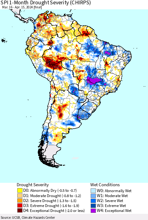 South America SPI 1-Month Drought Severity (CHIRPS) Thematic Map For 3/16/2024 - 4/15/2024