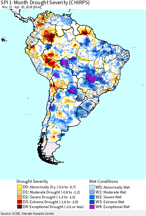 South America SPI 1-Month Drought Severity (CHIRPS) Thematic Map For 3/21/2024 - 4/20/2024