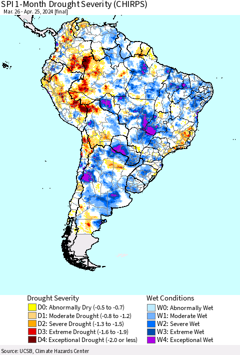 South America SPI 1-Month Drought Severity (CHIRPS) Thematic Map For 3/26/2024 - 4/25/2024