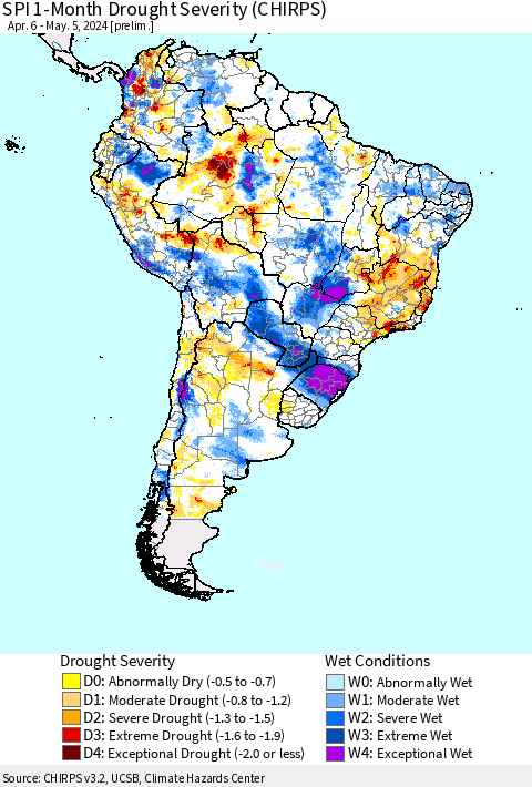South America SPI 1-Month Drought Severity (CHIRPS) Thematic Map For 4/6/2024 - 5/5/2024