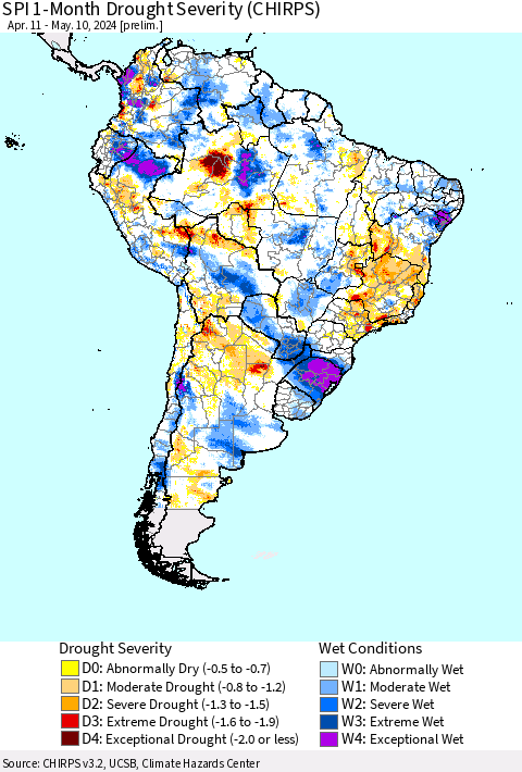 South America SPI 1-Month Drought Severity (CHIRPS) Thematic Map For 4/11/2024 - 5/10/2024