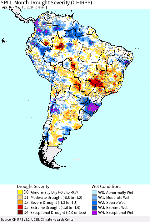 South America SPI 1-Month Drought Severity (CHIRPS) Thematic Map For 4/16/2024 - 5/15/2024