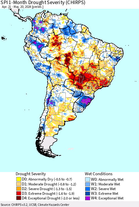 South America SPI 1-Month Drought Severity (CHIRPS) Thematic Map For 4/21/2024 - 5/20/2024