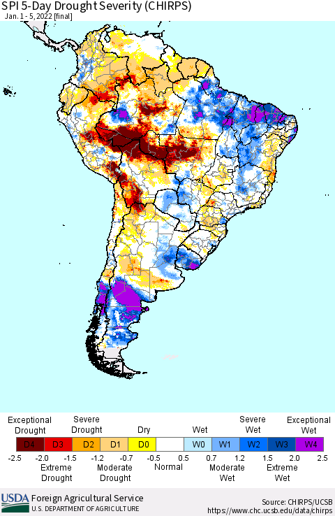 South America SPI 5-Day Drought Severity (CHIRPS) Thematic Map For 1/1/2022 - 1/5/2022