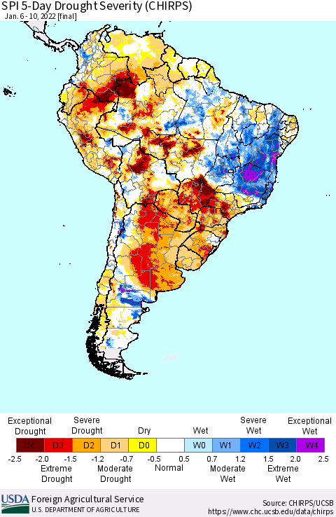 South America SPI 5-Day Drought Severity (CHIRPS) Thematic Map For 1/6/2022 - 1/10/2022