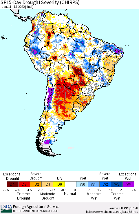 South America SPI 5-Day Drought Severity (CHIRPS) Thematic Map For 1/11/2022 - 1/15/2022