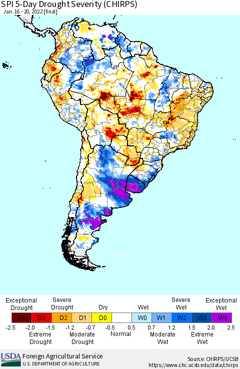 South America SPI 5-Day Drought Severity (CHIRPS) Thematic Map For 1/16/2022 - 1/20/2022