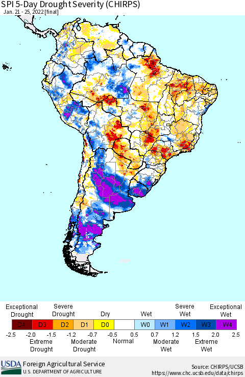 South America SPI 5-Day Drought Severity (CHIRPS) Thematic Map For 1/21/2022 - 1/25/2022