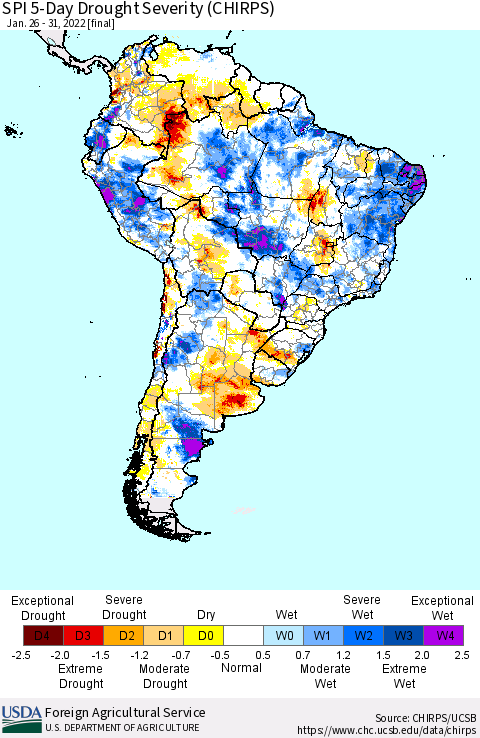 South America SPI 5-Day Drought Severity (CHIRPS) Thematic Map For 1/26/2022 - 1/31/2022