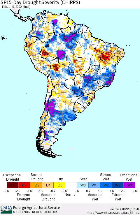 South America SPI 5-Day Drought Severity (CHIRPS) Thematic Map For 2/1/2022 - 2/5/2022