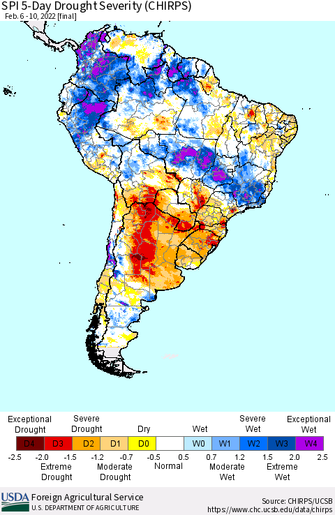 South America SPI 5-Day Drought Severity (CHIRPS) Thematic Map For 2/6/2022 - 2/10/2022