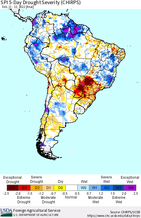 South America SPI 5-Day Drought Severity (CHIRPS) Thematic Map For 2/11/2022 - 2/15/2022