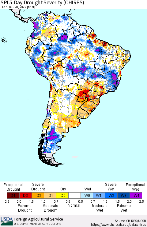 South America SPI 5-Day Drought Severity (CHIRPS) Thematic Map For 2/16/2022 - 2/20/2022