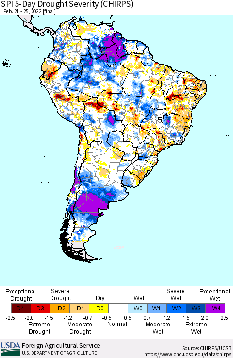 South America SPI 5-Day Drought Severity (CHIRPS) Thematic Map For 2/21/2022 - 2/25/2022