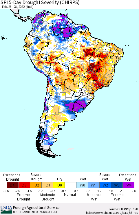 South America SPI 5-Day Drought Severity (CHIRPS) Thematic Map For 2/26/2022 - 2/28/2022