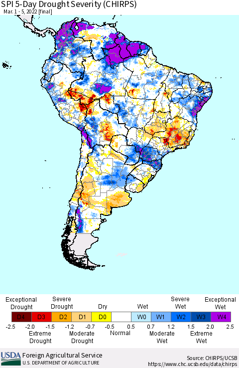 South America SPI 5-Day Drought Severity (CHIRPS) Thematic Map For 3/1/2022 - 3/5/2022