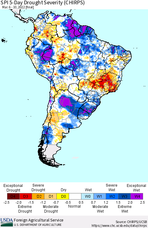 South America SPI 5-Day Drought Severity (CHIRPS) Thematic Map For 3/6/2022 - 3/10/2022
