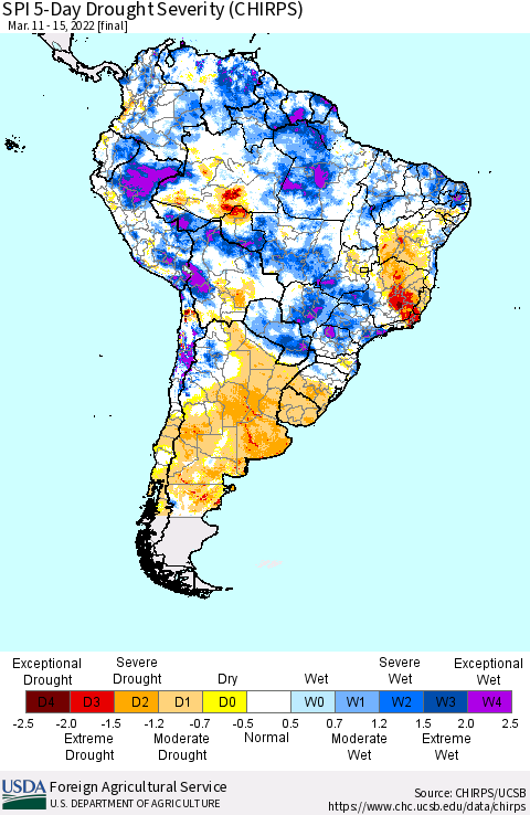 South America SPI 5-Day Drought Severity (CHIRPS) Thematic Map For 3/11/2022 - 3/15/2022