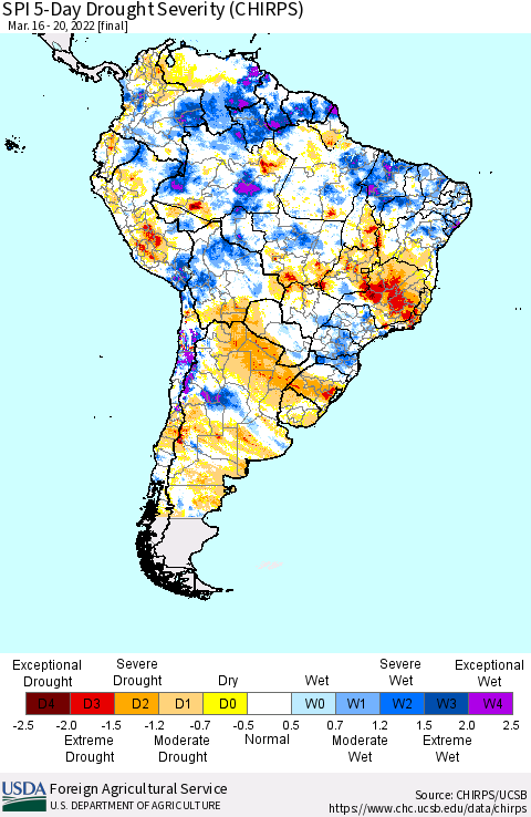 South America SPI 5-Day Drought Severity (CHIRPS) Thematic Map For 3/16/2022 - 3/20/2022