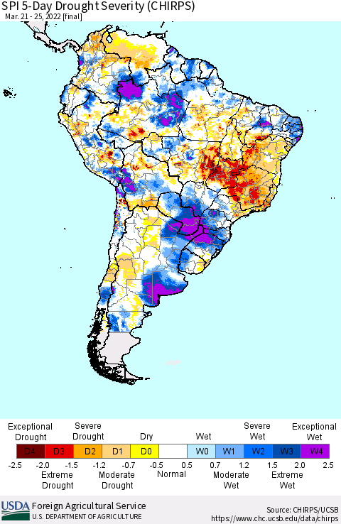 South America SPI 5-Day Drought Severity (CHIRPS) Thematic Map For 3/21/2022 - 3/25/2022