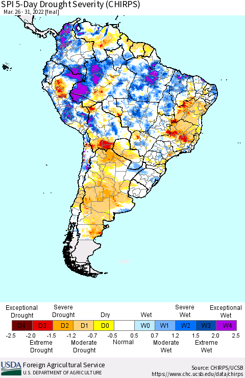 South America SPI 5-Day Drought Severity (CHIRPS) Thematic Map For 3/26/2022 - 3/31/2022