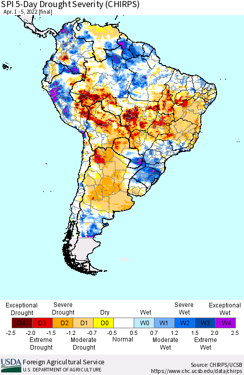 South America SPI 5-Day Drought Severity (CHIRPS) Thematic Map For 4/1/2022 - 4/5/2022