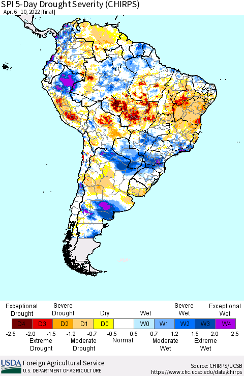 South America SPI 5-Day Drought Severity (CHIRPS) Thematic Map For 4/6/2022 - 4/10/2022