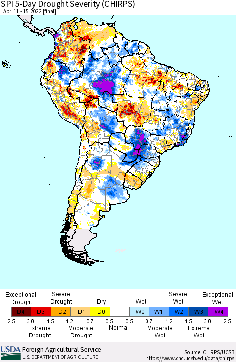 South America SPI 5-Day Drought Severity (CHIRPS) Thematic Map For 4/11/2022 - 4/15/2022
