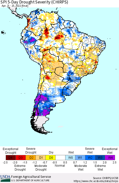 South America SPI 5-Day Drought Severity (CHIRPS) Thematic Map For 4/21/2022 - 4/25/2022