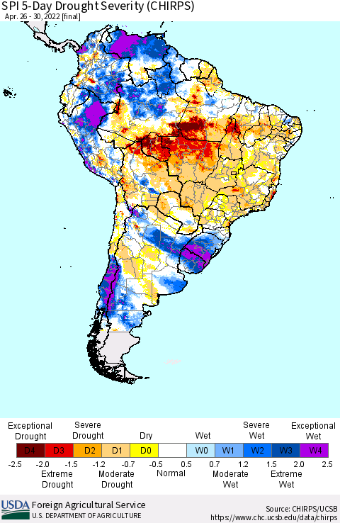 South America SPI 5-Day Drought Severity (CHIRPS) Thematic Map For 4/26/2022 - 4/30/2022