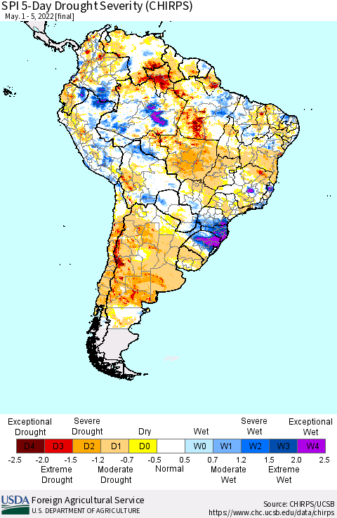 South America SPI 5-Day Drought Severity (CHIRPS) Thematic Map For 5/1/2022 - 5/5/2022