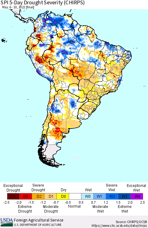 South America SPI 5-Day Drought Severity (CHIRPS) Thematic Map For 5/6/2022 - 5/10/2022