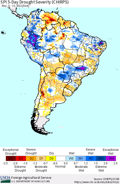 South America SPI 5-Day Drought Severity (CHIRPS) Thematic Map For 5/11/2022 - 5/15/2022