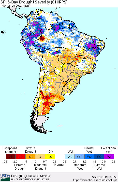South America SPI 5-Day Drought Severity (CHIRPS) Thematic Map For 5/16/2022 - 5/20/2022