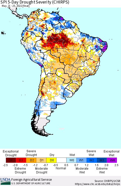 South America SPI 5-Day Drought Severity (CHIRPS) Thematic Map For 5/21/2022 - 5/25/2022