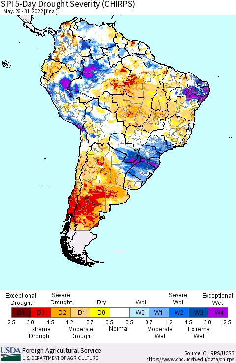South America SPI 5-Day Drought Severity (CHIRPS) Thematic Map For 5/26/2022 - 5/31/2022