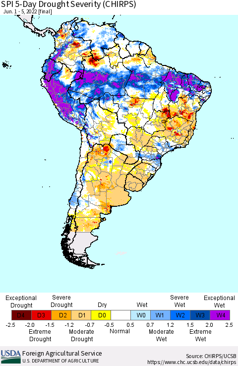 South America SPI 5-Day Drought Severity (CHIRPS) Thematic Map For 6/1/2022 - 6/5/2022