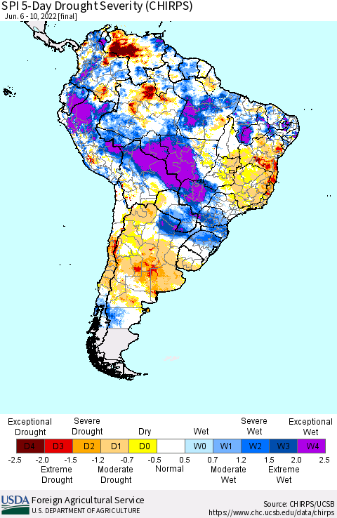 South America SPI 5-Day Drought Severity (CHIRPS) Thematic Map For 6/6/2022 - 6/10/2022