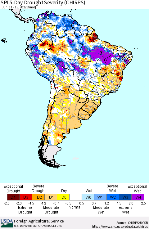 South America SPI 5-Day Drought Severity (CHIRPS) Thematic Map For 6/11/2022 - 6/15/2022