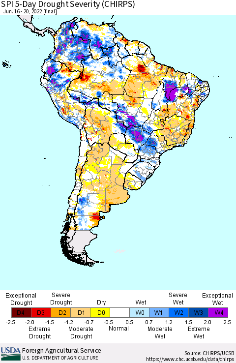 South America SPI 5-Day Drought Severity (CHIRPS) Thematic Map For 6/16/2022 - 6/20/2022