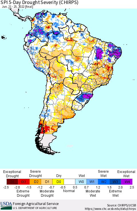 South America SPI 5-Day Drought Severity (CHIRPS) Thematic Map For 6/21/2022 - 6/25/2022
