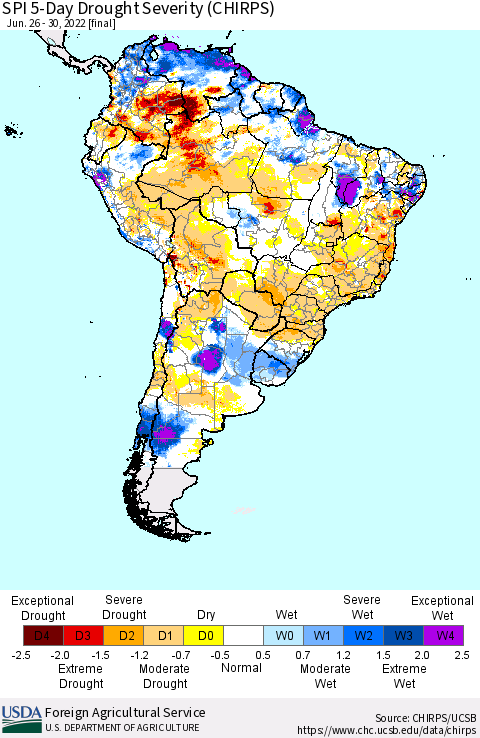 South America SPI 5-Day Drought Severity (CHIRPS) Thematic Map For 6/26/2022 - 6/30/2022