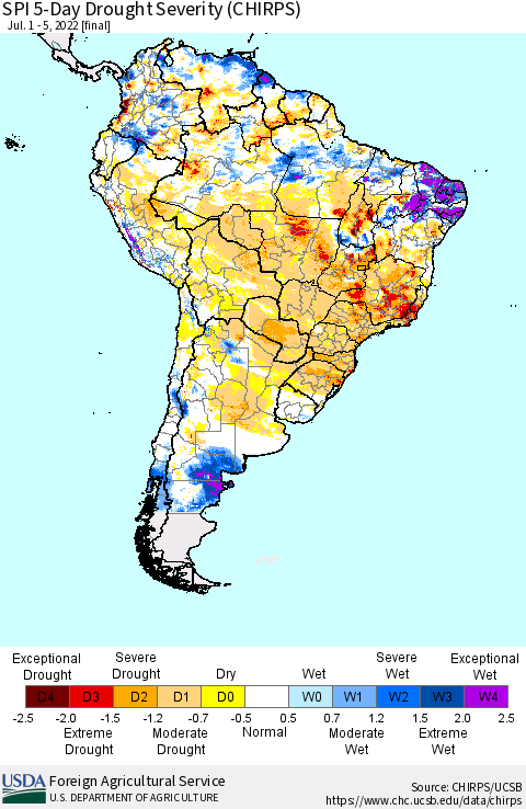 South America SPI 5-Day Drought Severity (CHIRPS) Thematic Map For 7/1/2022 - 7/5/2022