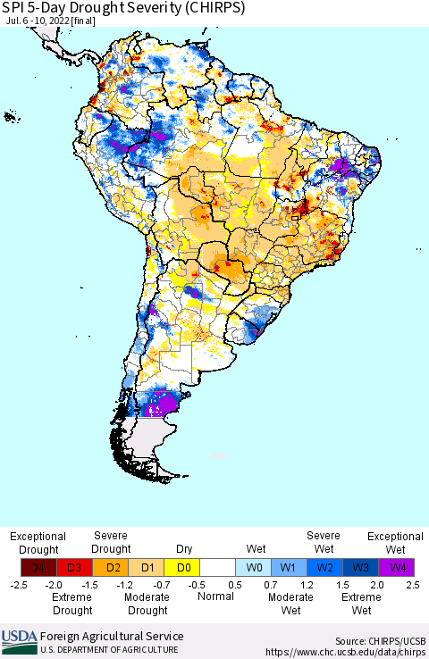 South America SPI 5-Day Drought Severity (CHIRPS) Thematic Map For 7/6/2022 - 7/10/2022