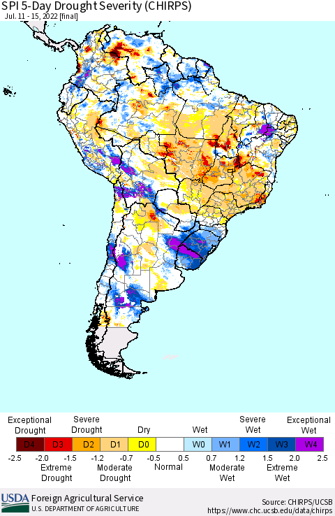 South America SPI 5-Day Drought Severity (CHIRPS) Thematic Map For 7/11/2022 - 7/15/2022