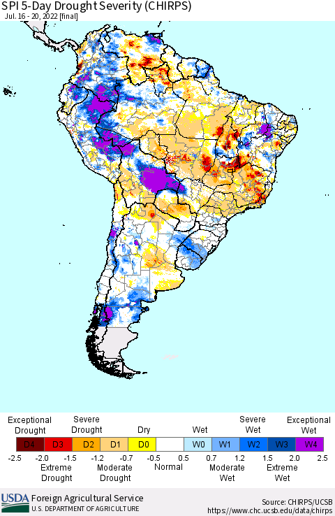 South America SPI 5-Day Drought Severity (CHIRPS) Thematic Map For 7/16/2022 - 7/20/2022