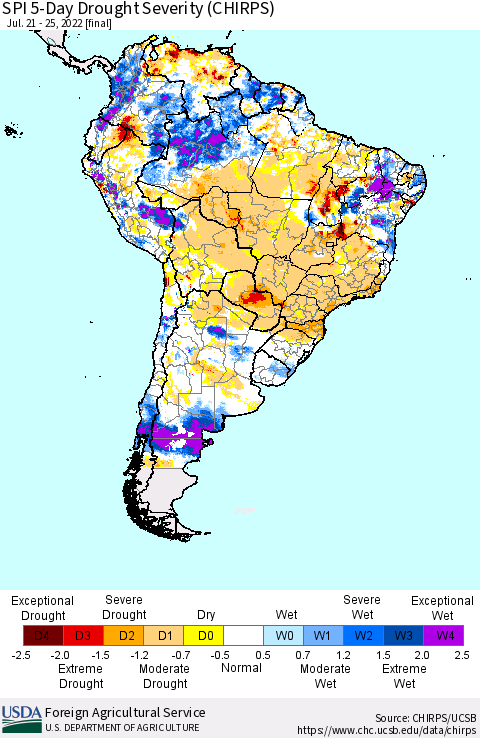 South America SPI 5-Day Drought Severity (CHIRPS) Thematic Map For 7/21/2022 - 7/25/2022