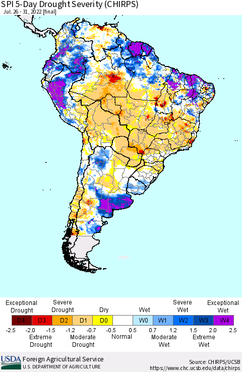 South America SPI 5-Day Drought Severity (CHIRPS) Thematic Map For 7/26/2022 - 7/31/2022