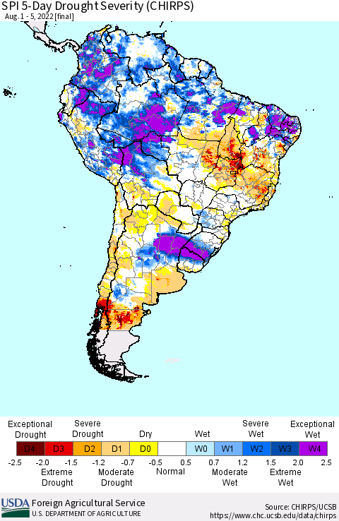 South America SPI 5-Day Drought Severity (CHIRPS) Thematic Map For 8/1/2022 - 8/5/2022